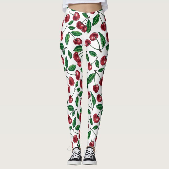 Röda körsbär på vitt leggings (Framsida)