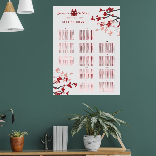 Röda körsbärsblommor 囍 Kinesisk bröllopsplatskarta Poster (Vardagsrum 1)