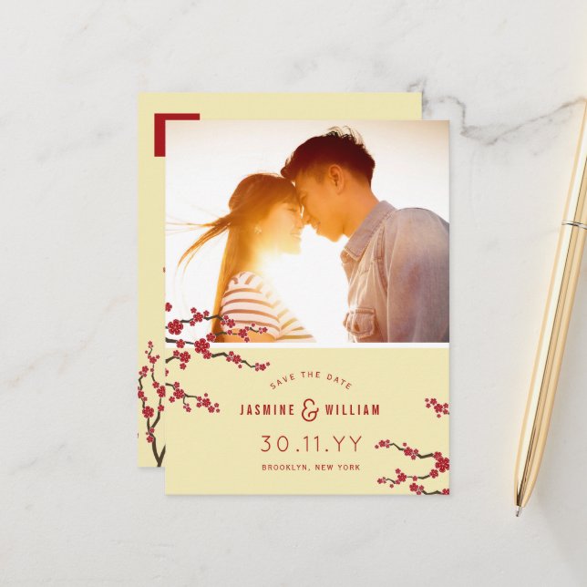 Röda körsbärsblommor Sakura Foto Spara datumet Meddelande Vykort (Fram/Back In Situ)