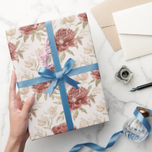 Röda Kräm Blommor Bröllopsdusch Presentpapper