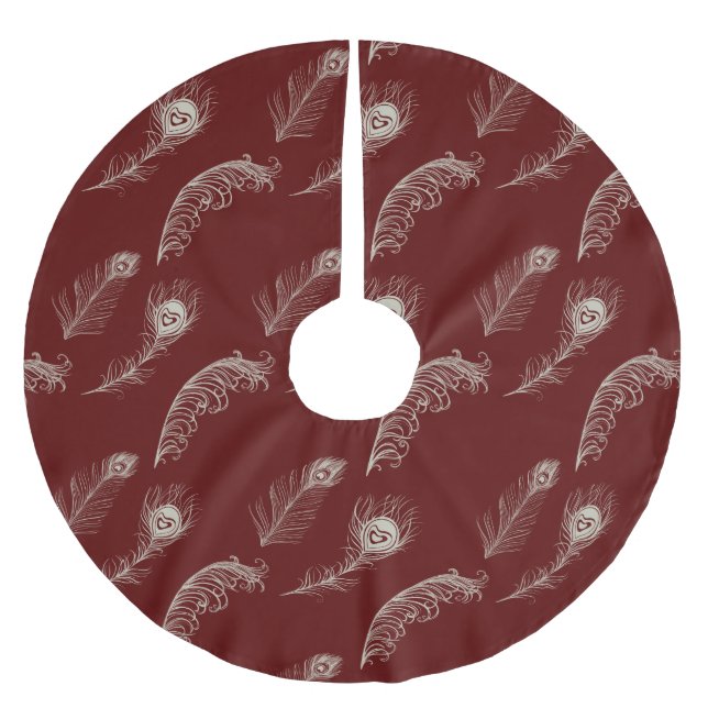 Röda kräm- påfågelfjädrar julgransmatta borstad polyester (Framsidan)