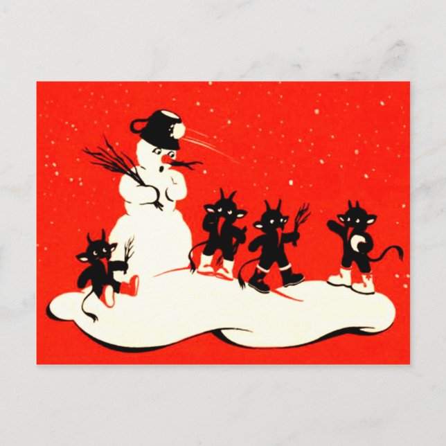 Röda Krampus kastar snöboll slagsmålsnögubben Helg Vykort (Framsida)