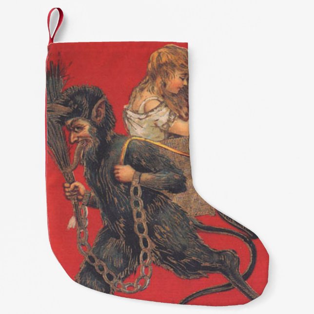 Röda Krampus kidnappande bedjande flicka Liten Julstrumpa (Framsidan)