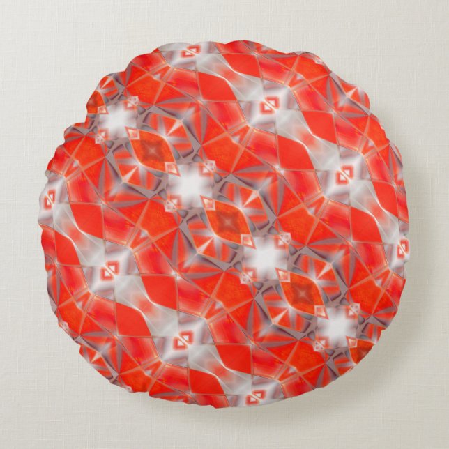 Röda kurvformar som flyter över vitt grått rund kudde (Framsidan)