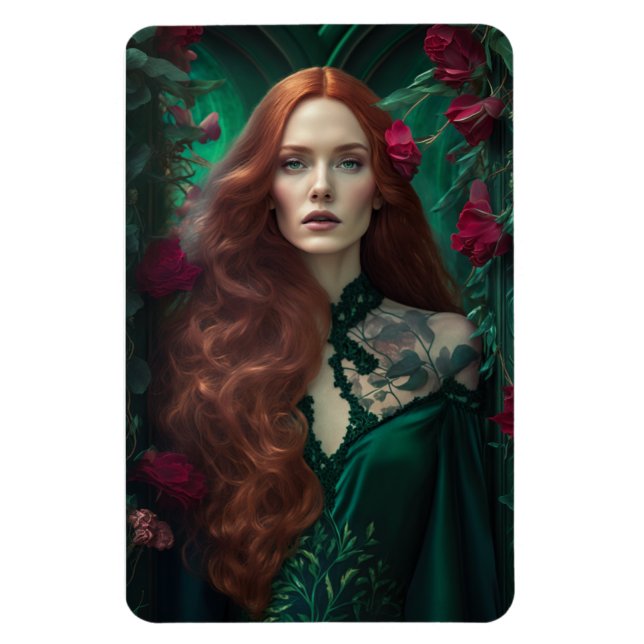 Röda kvinnor i Emerald Grönt Dress. Magnet (Vertikal)