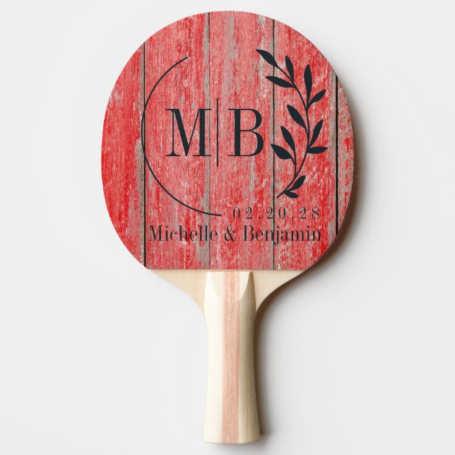 Röda Ladan Brädor Blad Bröllops Monogram Pingisracket (Baksidan)