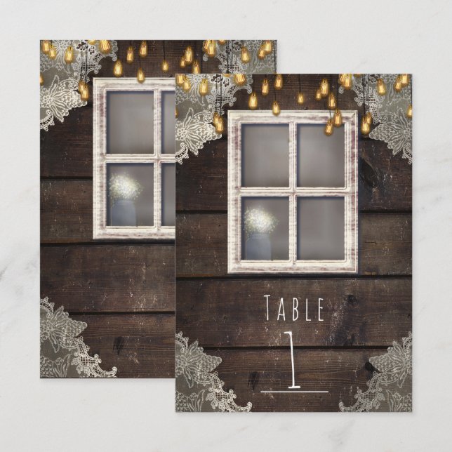 Röda Ladan Fönster & Ljus Rustik Bordnummer Inbjudningar (Fram/baksida)