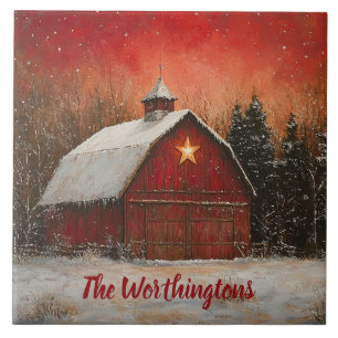 Röda Ladugård & Snö Orange Vinter Solnedgång Farmh Kakelplatta