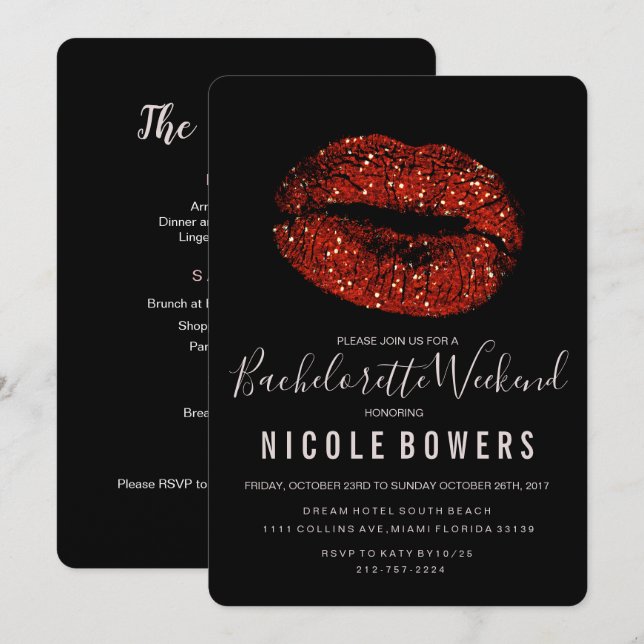 Röda Läppar Bachelorette Helg Internationell inbju Inbjudningar (Fram/baksida)