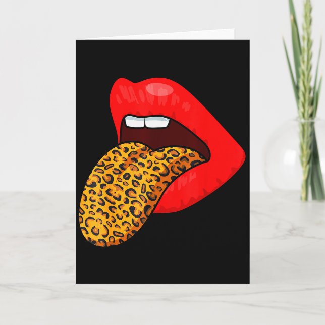 Röda läppar Djurtryck Leopard Tunga Alla hjärtans  Kort (Framsida)