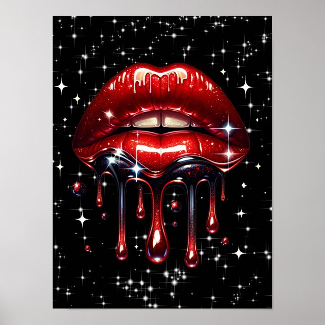 Röda läppar droppande glitter glamör glans poster (Framsidan)