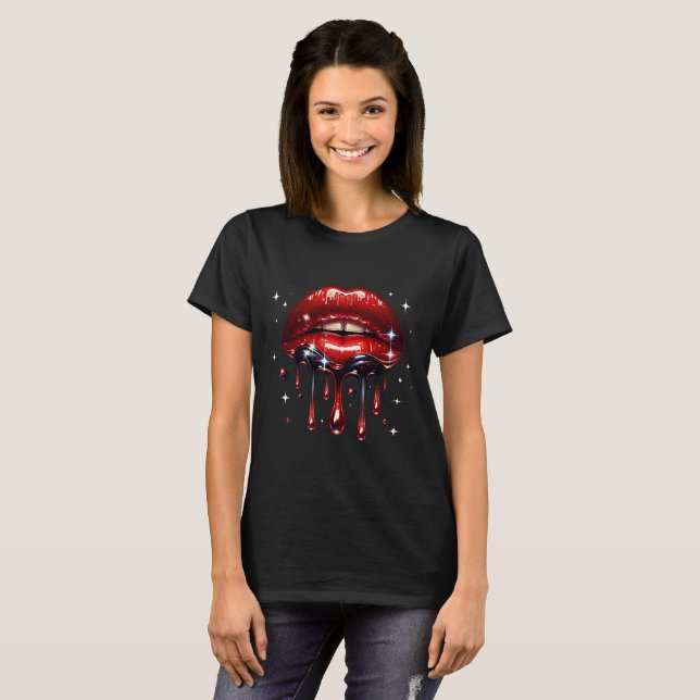 Röda läppar droppande glitter glamör glans t shirt (Hel framsida)
