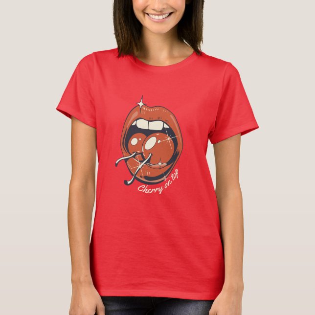Röda läppar Körsbär Grafisk Retro T-Shirt (Framsida)