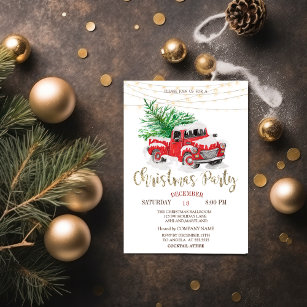 Röda Lastbil Gräs Träd Snö, Ljus, julen Party, Inbjudningar