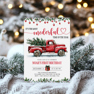 Röda Lastbil Julgran, född 1:a födelsedag Inbjudningar