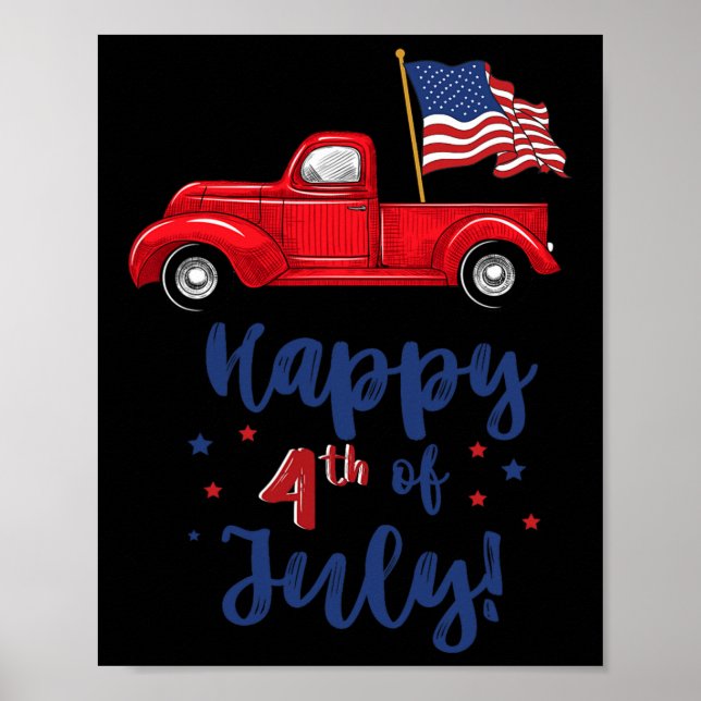 Röda Lastbil med amerikanska Flagga Lycklig 4 juli Poster (Framsidan)
