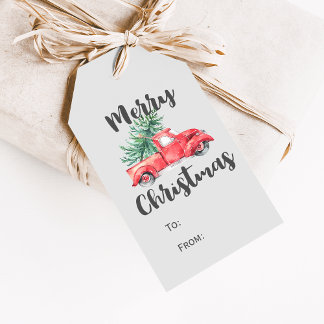 Röda Lastbil och Träd God jul Namn Presentetikett