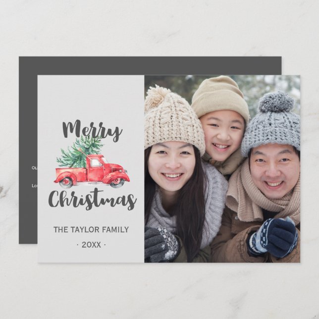 Röda Lastbil och Träd i år i julfoto Julkort (Fram/baksida)