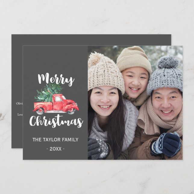 Röda Lastbil och Träd i år i julfoto Julkort (Fram/baksida)