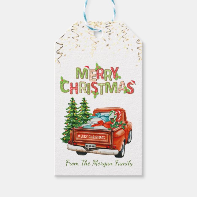 Röda lastbilar tallar,Konfetti,God Jul Presentetikett (Framsidan)