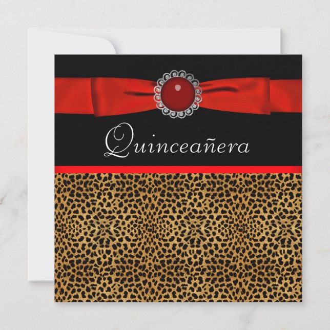 Röda Leopard Röda Quinceañera Inbjudningar (Framsida)