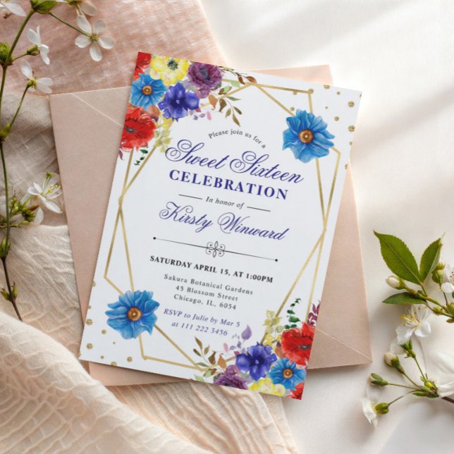Röda, lila och blå sommablommor ram in Sweet 16 Inbjudningar (Skapare uppladdad)