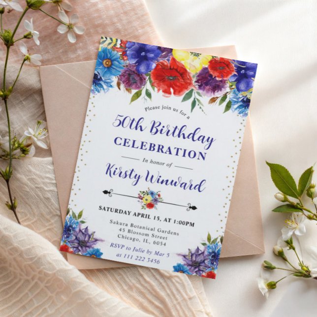 Röda, Lila och Blå Sommarblommor 50-års Födelsedag Inbjudningar (Skapare uppladdad)