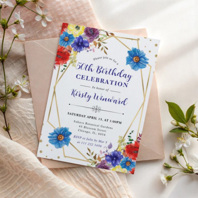 Röda, Lila och Blå  Sommarblommor 50-årsdag Inbjudningar (Skapare uppladdad)