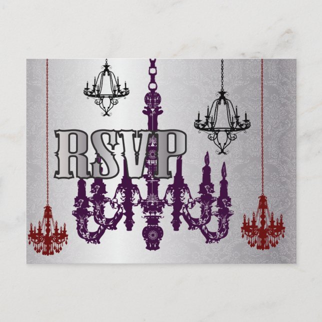 Röda, Lila och Silver Chandelier-OSA-vykort Inbjudan Vykort (Framsida)