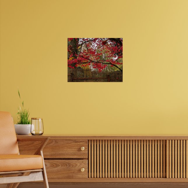 Röda lönnlöv och bambustaket foto poster (Vardagsrum 2)