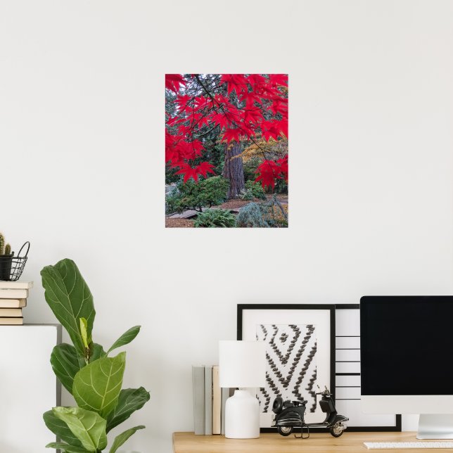 Röda lönnlöven i en japansk trädgård poster (Hemmakontoret)