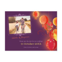 Röda lyktor Lila bröllopsfoto Spara datum