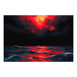 Röda Måne över Mörken över Sjölandskapet vid havsb Fototryck