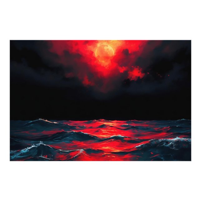 Röda Måne över Mörken över Sjölandskapet vid havsb Fototryck (Framsidan)