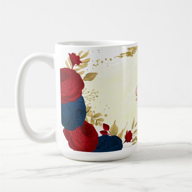 röda & marinblå blommor gyllene blad bröllop kaffemugg (Vänster)