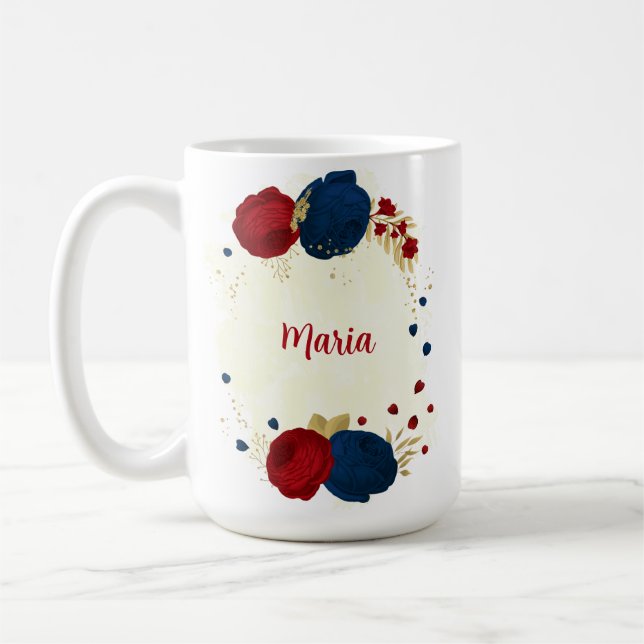 röda & marinblå blommor gyllene blad bröllop kaffemugg (Vänster)