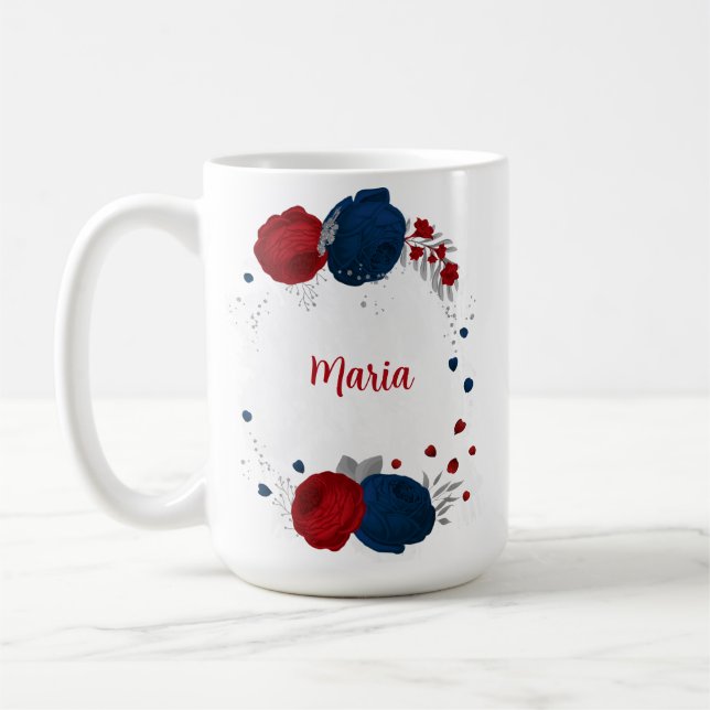 röda & marinblå blommor silver botanisk bröllop kaffemugg (Vänster)