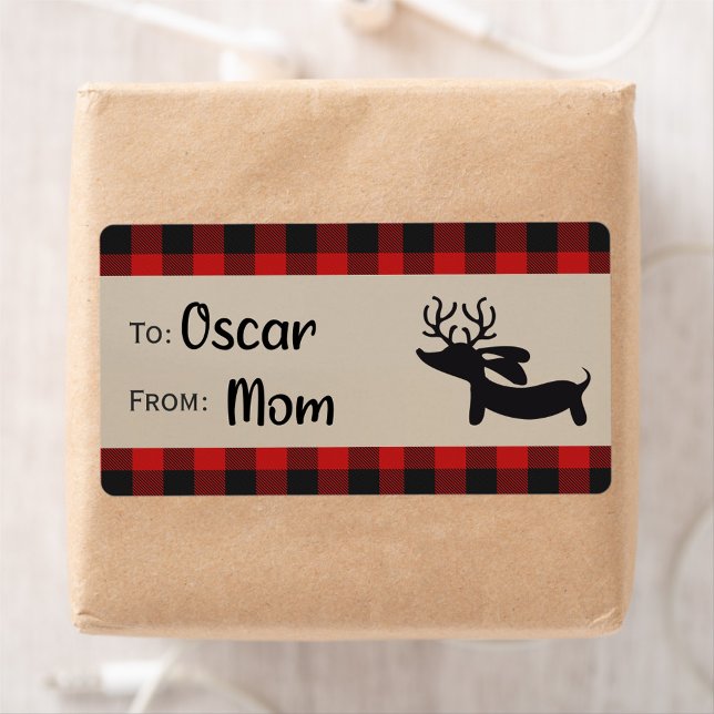 Röda Märkre-etiketter för renare Dachshund Gift Fraktsedel (Plaid dachshund Christmas gift sticky labels)