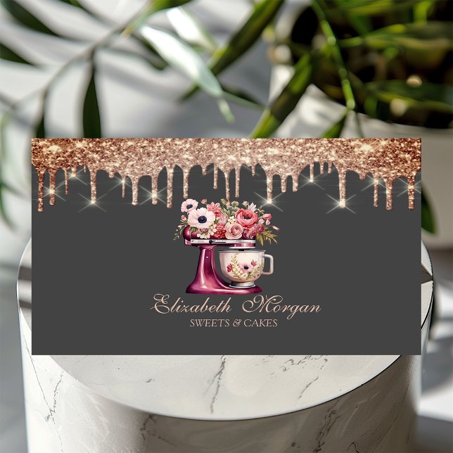 Röda mixerblommor Rose Gold-dropar Bakery  Visitkort (Skapare uppladdad)