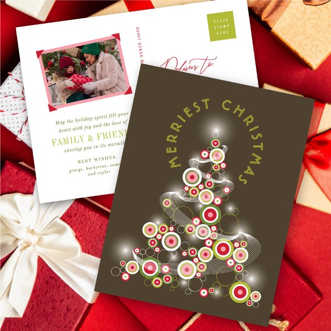 Röda Moderna Cirklar Lysande Abstrakt Julgran Helg Vykort (Red Mod Circles Glowing Abstract Christmas Tree Holiday Postcard @ fat_fa_tin)