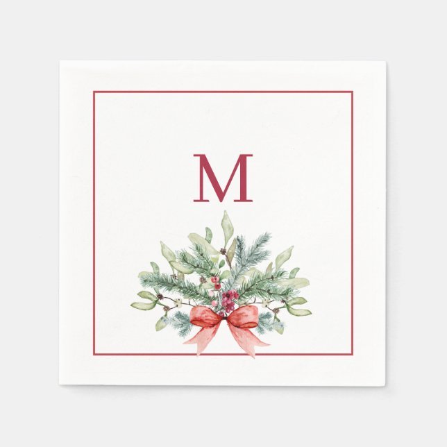 Röda monogram julgrönska pappersservett (Framsidan)