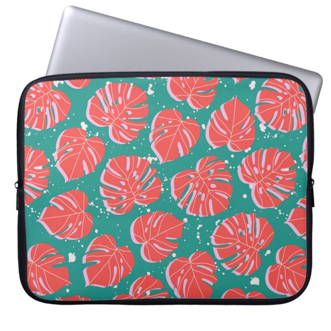 Röda monstera löv på grönt, sömlös mönster. Tre Laptop Fodral (Framsidan)