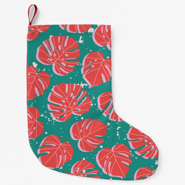 Röda monstera löv på grönt, sömlös mönster. Tre Liten Julstrumpa (Framsidan)