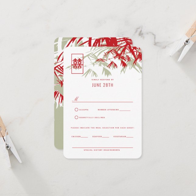 Röda & Mossgröna Bambublad Kinesiskt Bröllop RSVP Inbjudningar (Fram/Back In Situ)