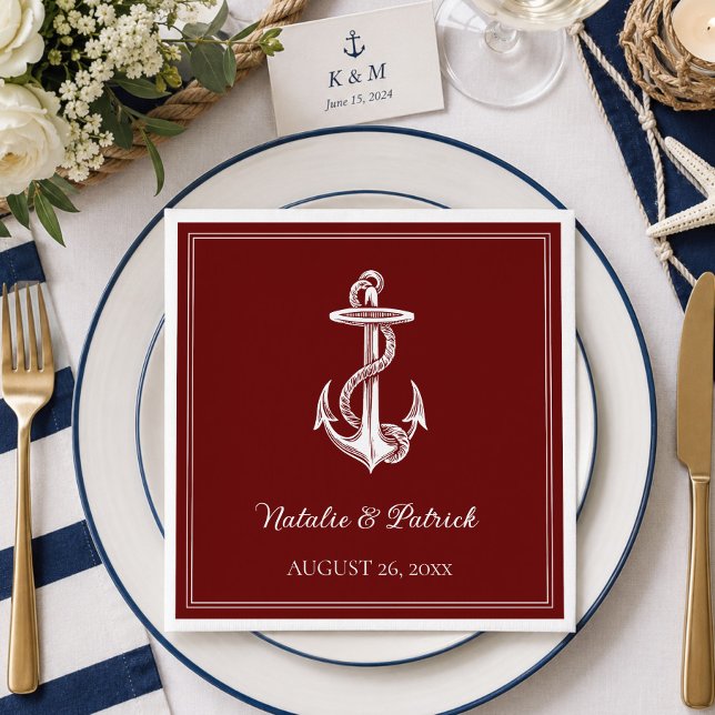 Röda nautiska ankarbröllopsservetter i papper pappersservett (Red Nautical Anchor Wedding Paper Napkins)