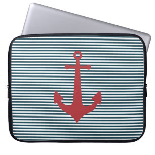 Röda nautiska ankare på strimlad blå bakgrund laptop fodral