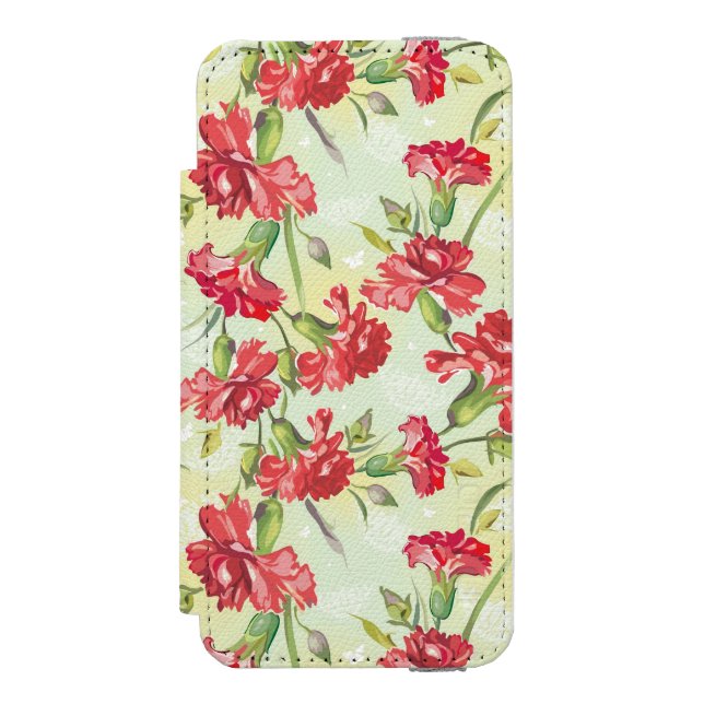 Röda nejlikor på grönt med fjärilar incipio iPhone wallet skal (Folio Framsidan)