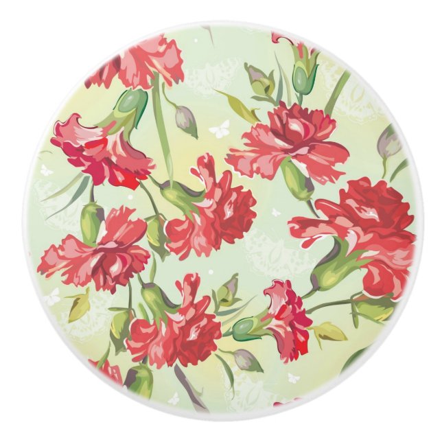 Röda nejlikor på grönt med fjärilar knopp (Framsidan)