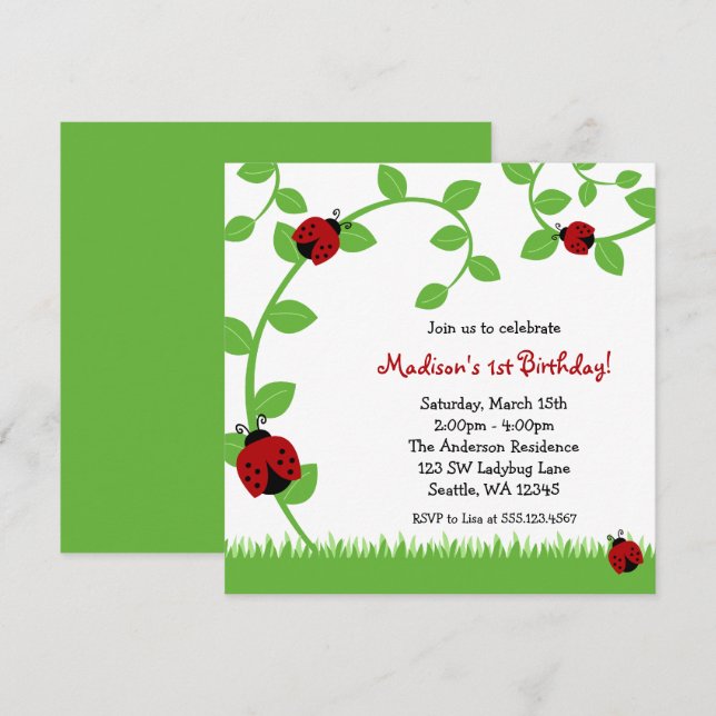 Röda nyckelpigaVinesfödelsedagsfest inbjudan (Fram/baksida)