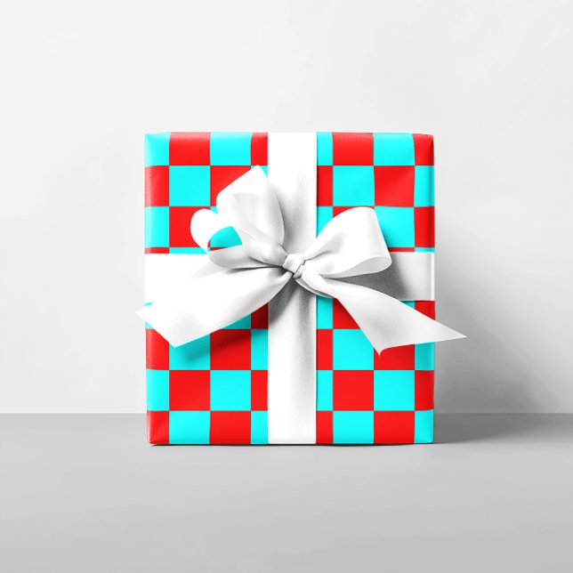Röda och akvatiska rutor presentpapper (Red and Aqua Checkered Squares Wrapping Paper)